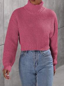 Flirla Suéter minimalista de cuello alto y manga larga de unicolor para mujer, para uso casual diario