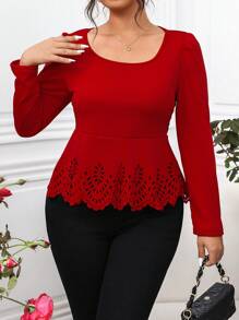 SHEIN Clasi Plus Size Women's Elegant Fitted Lace Patchwork T-Shirt - Red - View 5