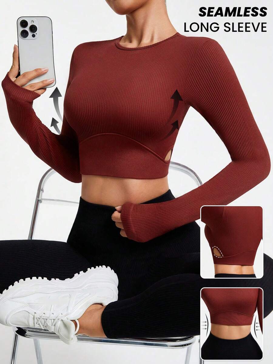 Easithlete 女士纯色圆领长袖镂空修身休闲上衣，日常穿着 - 棕色 - 查看 1