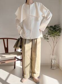 FRIFUL Blusa casual de manga larga de un solo color con botones delanteros para mujer, para uso diario - Blanco - Ver 2