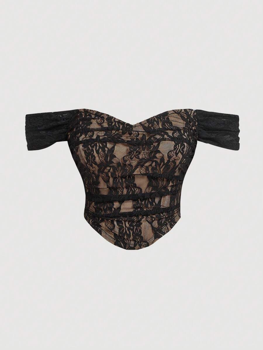 SHEIN MOD Plus Size Damski Letni Top Z Odkrytymi Ramionami Czarny Koronkowy Krótki