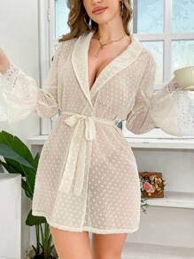 女士浪漫性感长袍，带蕾丝袖口，优雅睡衣 - 白色 - 查看 3