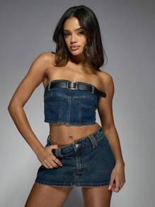 MISSGUIDED Belt Bandeau Denim Corset Top