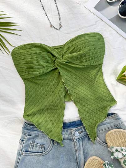 Soleia 女士度假黄色针织纹理扭纹前开衩下摆短款上衣，适合下午茶、街头、度假、秋冬分层或派对穿着