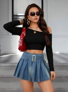 SHEIN Essnce 女士休闲牛仔褶皱 A 字裙 - 深色水洗藍 - 查看 5