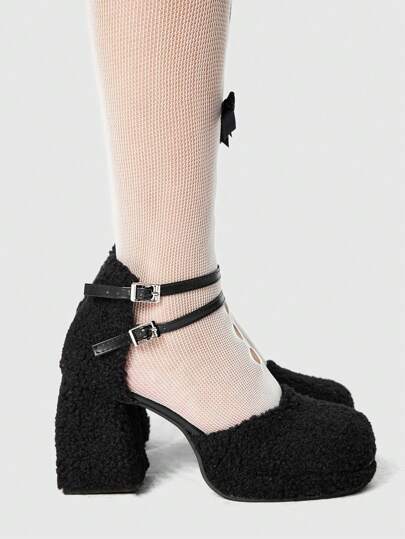 Goth Women's Black Closed Toe Fuzzy Platform Chunky Heels Shoes With Ankle Strap, For Party Dress, Y2K/Goth Style