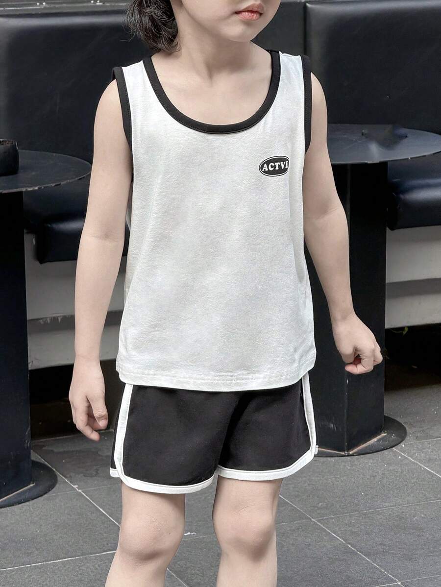 DAZY 2 Peças/Conjunto Colete e Shorts com Recorte Colorido para Menino Jovem - Preto e Branco - Visão 1