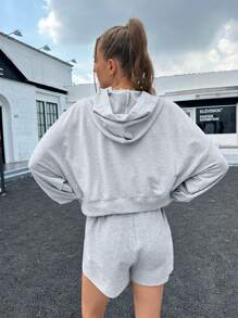 Jouncy Women 2pcs Set Casual Solid Color Hoodie And Shorts, Autumn