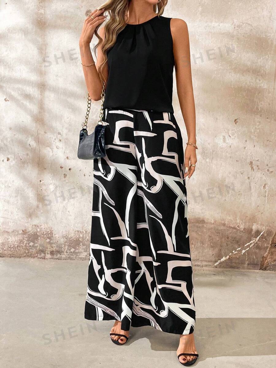 SHEIN Clasi Conjunto de top sin mangas de cuello redondo unicolor y pantalones de pierna ancha para mujeres