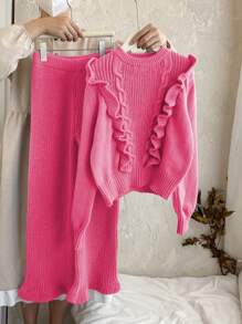 2 pièces Top de sweater à manches longues avec col volant et pantalon en tricot de couleur unie, ensemble pour préadolescentes