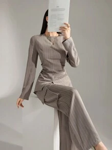Heiryn 女士两件套：条纹圆领长袖上衣和裤子 - 卡其色 - 查看 5