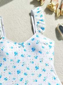 Traje de baño de una sola pieza con volantes con estampado floral diminuto, atuendo de playa de verano - Multicolor - Ver 5