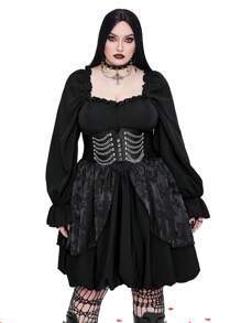 Whyspr Goth Punk Plus Size Romantic Waist-Cinching Solid Color Long Sleeve Dress Goth Women Outfit Fall Cloth For Women - Black - View 7