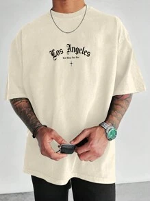 Manfinity EMRG Camiseta casual de hombre de cuello redondo de manga corta con estampado de letras, estilo holgado - Albaricoque - Ver 2