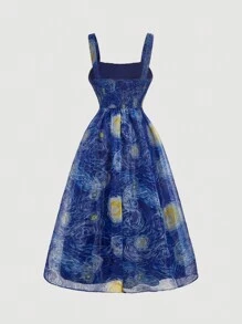 SHEIN MOD 加大码蓝色梵高星空画印花复古女式连衣裙太阳裙夏日装节日装蝴蝶结连衣裙，适合夏季