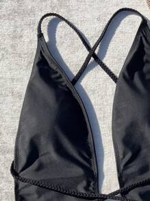 SHEIN Swim Summer Beach Women's Deep V-Neck Back Cross Straps One-Piece Swimsuit