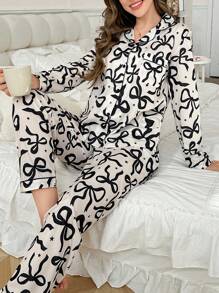 蝴蝶结星形印花翻领长袖睡衣套装，秋冬舒适优雅细节 - 彩色 - 查看 5