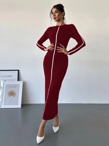 Firerie Women Contrast Color Long Sleeve Bodycon Maxi Sweater Dress - Burgundy - View 1
