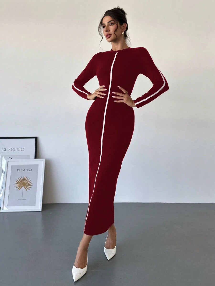 Firerie Women Contrast Color Long Sleeve Bodycon Maxi Sweater Dress - Burgundy - View 1