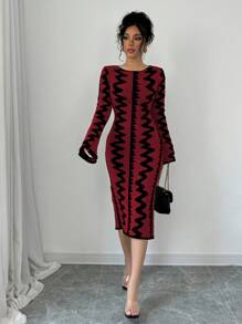 Elenzga Đầm ôm body dệt kim Jacquard đơn giản, cổ tròn, tay dài cho nữ - Màu Đỏ Sâu - Xem 7