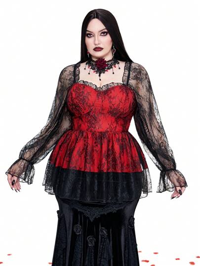 Flirla 深色蕾丝撞色潮流甜美长袖衬衫新年衣服、情人节