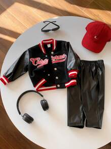 SHEIN Baby/Toddler Kids 2pcs Set - Contrast Color Letter Print PU Baseball Jacket & Elastic Waist Pants, Suitable For Home, Outdoor, Sports, Autumn/Winter - Black - View 7