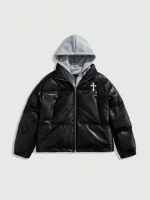 ROMWE MEN Street Life Men's Casual Cross Print Colorblock PU Leather Hooded Winter Jacket - Black - View 1