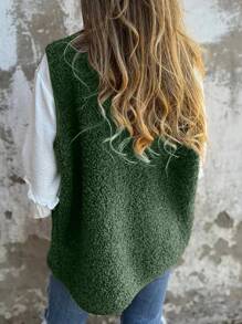 SHEIN LUNE Women Regular Fit Fleece Button Front Vest Jacket For Autumn/Winter - Dark Green - View 2