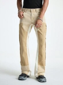 Manfinity EMRG Men's Khaki Denim Skinny Fit Patchwork Flared Pants - Khaki - View 5