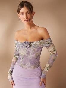 SHEIN Unity Off Shoulder Floral Print Long Sleeve Bodysuit - Multicolor - View 5