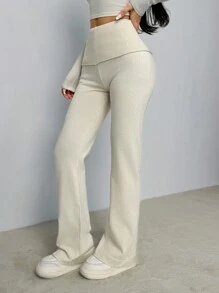 SHEIN PETITE Apricot Tight Waist Floor Length Flared Dames Sweater Broek, Voor Woon-werkverkeer, Thuis, Casual Kleding