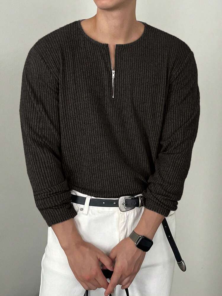 Men's Solid Front Zip Long Sleeve Casual T-Shirt, Autumn Business Attire