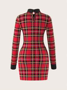 SHEIN ICON Women's Elegant Long Sleeve Collared Colorblock Plaid Dress
