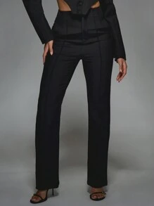 MISSGUIDED Asymmetric Hem Buttoned Lapel Collar Long Sleeves Crop Blazer And Pleat Stitch Pants Two Piece Co-Ord Set - Black - View 6