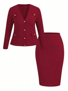 SHEIN Clasi Bộ đồ vest thanh lịch 2 món cổ chữ V tay dài màu trơn cỡ lớn cho nữ và chân váy bút chì, mùa thu - Màu Đỏ Sâu - Xem 1