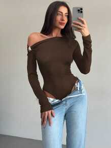 Aloruh 黑色精致现代吊带长袖扭纹金属点缀紧身衣 - 棕色 - 查看 8