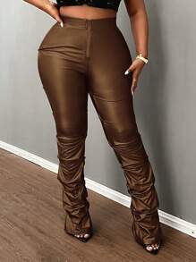 Slaydiva Plus Size Elegant Slim Fit Solid Black Front Metal Zipper Ruched Pants For Autumn/Winter - Mocha Brown - View 7