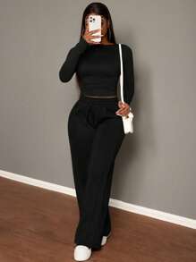 Slaydiva 2pcs Set: Women's Brown Drawstring Casual Straight Leg Sports Sweatpants + Solid Color Long Sleeve T-Shirt, Fall/Winter - Black - View 7