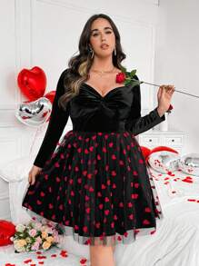 Flirla Vestido de Navidad y San Valentín talla grande para mujer, con cuello en V, de terciopelo rojo, con parches y acentos de malla metálica plateada sexy