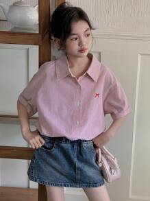 Dazy Kids Tween Girl Bow Embroidery Collared Striped Short Sleeve Woven Shirt, Summer,Back To School Clothes - Pink - View 3