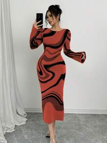 Elenzga Đầm midi bodycon cạp cao màu sắc cho nữ, tay dài - trái cam - Xem 4