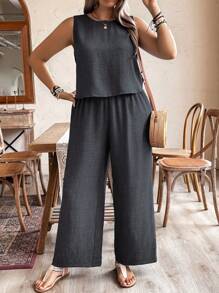 SHEIN LUNE Pure Plus Size Plain Color Back Tie Camisole And Pants 2 Pieces Set - Dark Grey - View 4