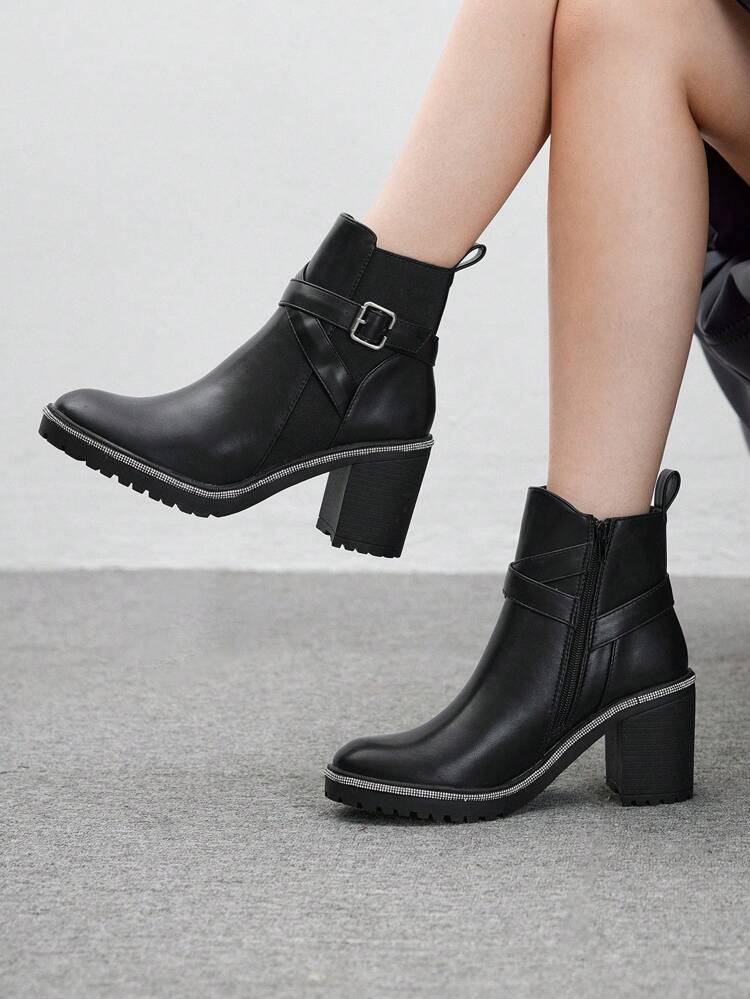 CUCCOO BIZCHIC Women's Metal Decor Simplistic Mid-Calf Boots, Casual For Daily Wear New Year Holiday