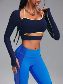 Innovista 女士3D立体曲线拼接镂空网眼运动T恤上衣，蓝色撞色设计，性感长袖，适合女孩运动、健身、锻炼、瑜伽、日常休闲、跑步等场合，秋季女装，健身服，跑步运动秋季女装，清爽浅蓝色 - 藏蓝色 - 查看 9