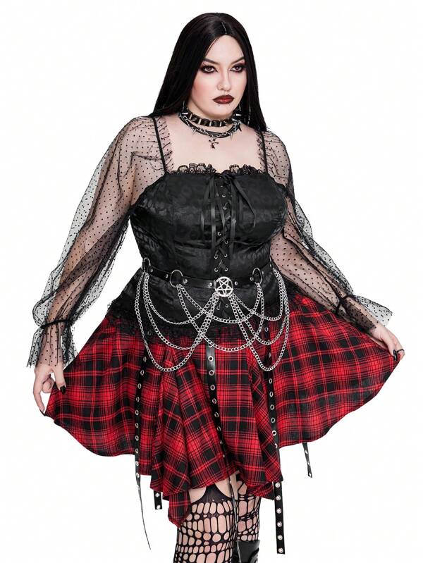 Whyspr Goth Punk Sexy Lace Patchwork Lace-Up Fitted Top, American Vintage Slim Fit Dark Long Sleeve Shirt For Women
