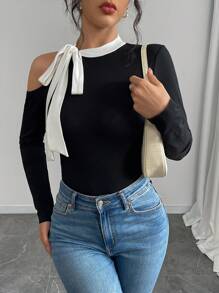 Chiquease Women Autumn/Winter Color Block Lace-Up Long Sleeve Base Layer T-Shirt Fall Cloth For Women - Black - View 5