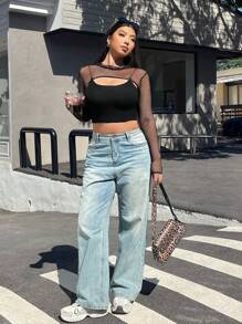 Muchica Plus Size Women's Black Mesh Cropped Pullover Top