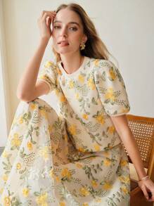 MOTF PREMIUM 对比色网眼花卉刺绣泡泡袖针织上衣 - 彩色 - 查看 2