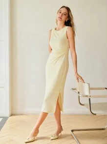 MOTF PREMIUM 纹理褶饰针织长裙 - 黃色 - 查看 8