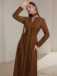 Modelyn Women's Solid Color Front Button Closure Minimalist Long Sleeve Maxi Abaya Dress Long Evening Dresses - Rust Brown - View 7